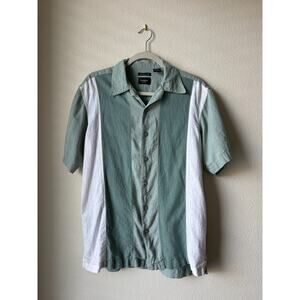 HAGGAR Mens Washable Linen Button Up Shirt Medium Sage Green Retro Beach Coastal